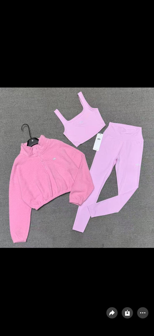 Alo Yoga 3-Piece Active Set – Sports Bra, Leggings & Zip Jacket (Multiple Colors)